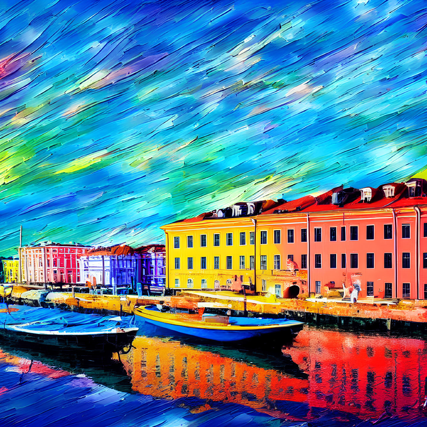 Colorful waterfront digital painting with vibrant buildings and boats under textured sky