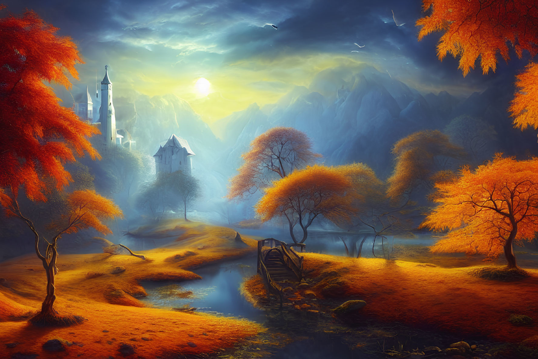 Fantasy landscape with castle, orange trees, river, mountains, and sunset