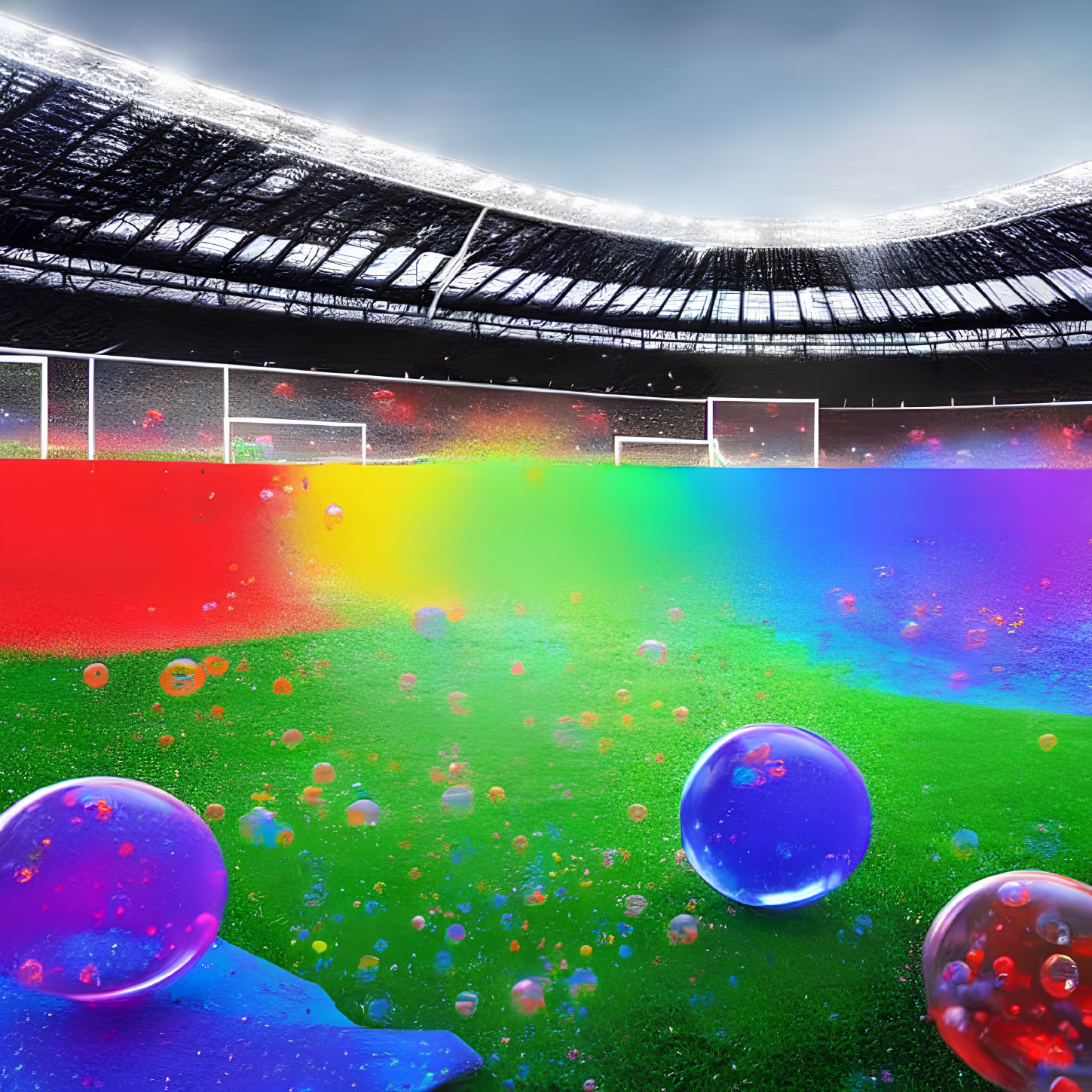 Digitally altered image of colorful soccer stadium with rainbow field and floating bubbles