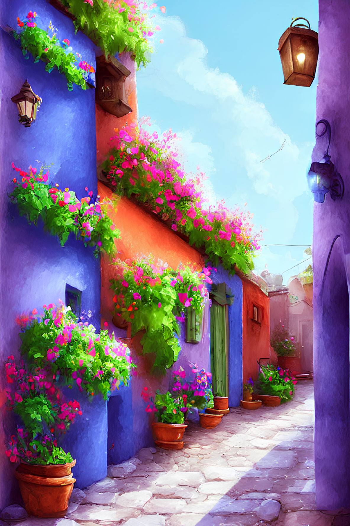 Colorful alleyway with blue and orange walls, pink flowers, lanterns, under clear sky