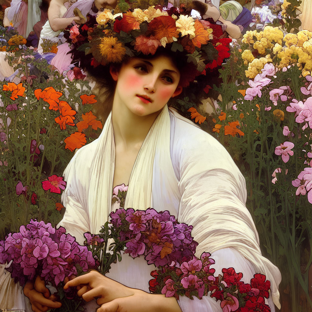 Woman in Floral Hat Surrounded by Colorful Flowers Holding Purple Blossoms