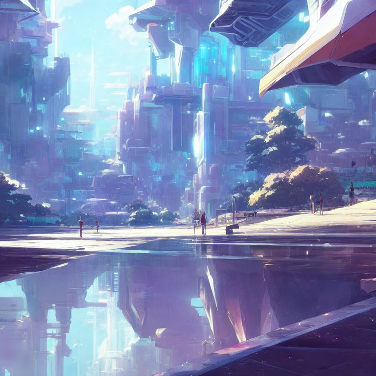 Futuristic cityscape with towering buildings and reflective surfaces