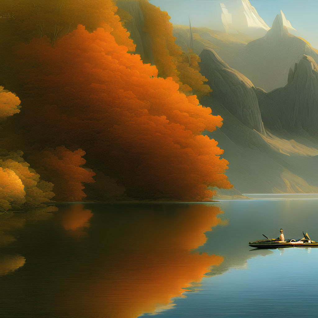 Autumn trees reflected in serene lake with canoe and cliffs in golden light