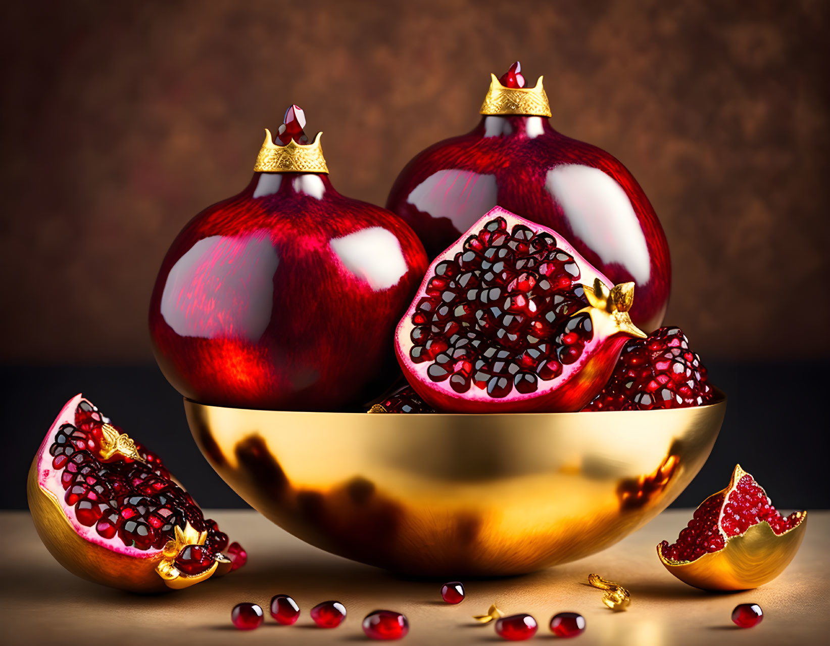 Vibrant pomegranates in golden bowl on dark background