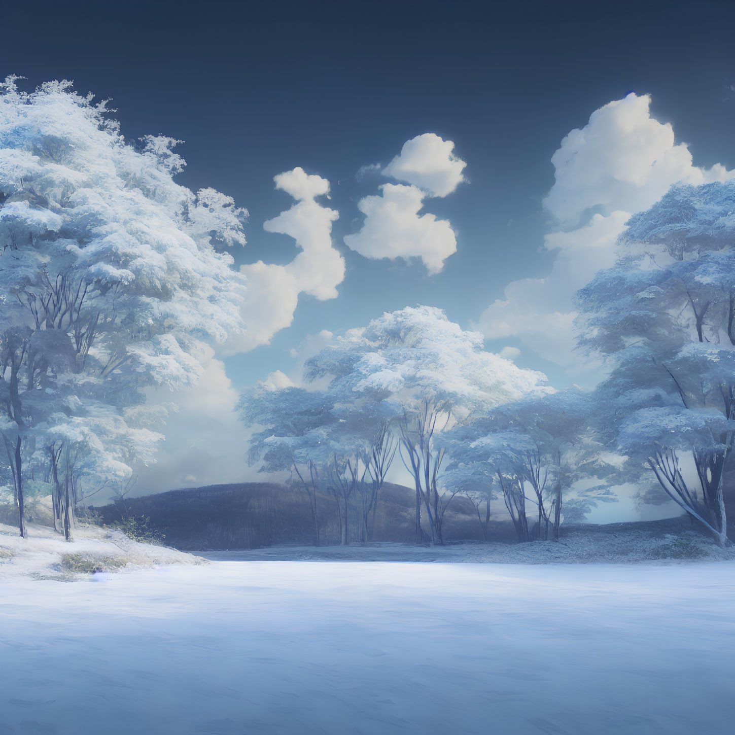 Snowy Landscape with Frosted Trees in Ethereal Winter Scene