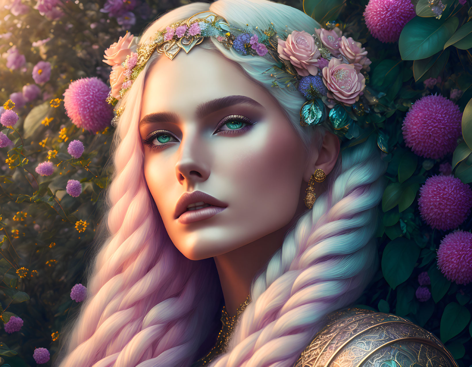 Fantasy artwork: Woman with pink braided hair and floral accessories.