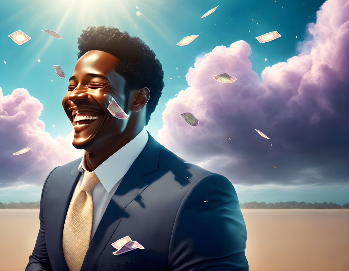 Man in Blue Suit Surrounded by Flying Money in Surreal Sky