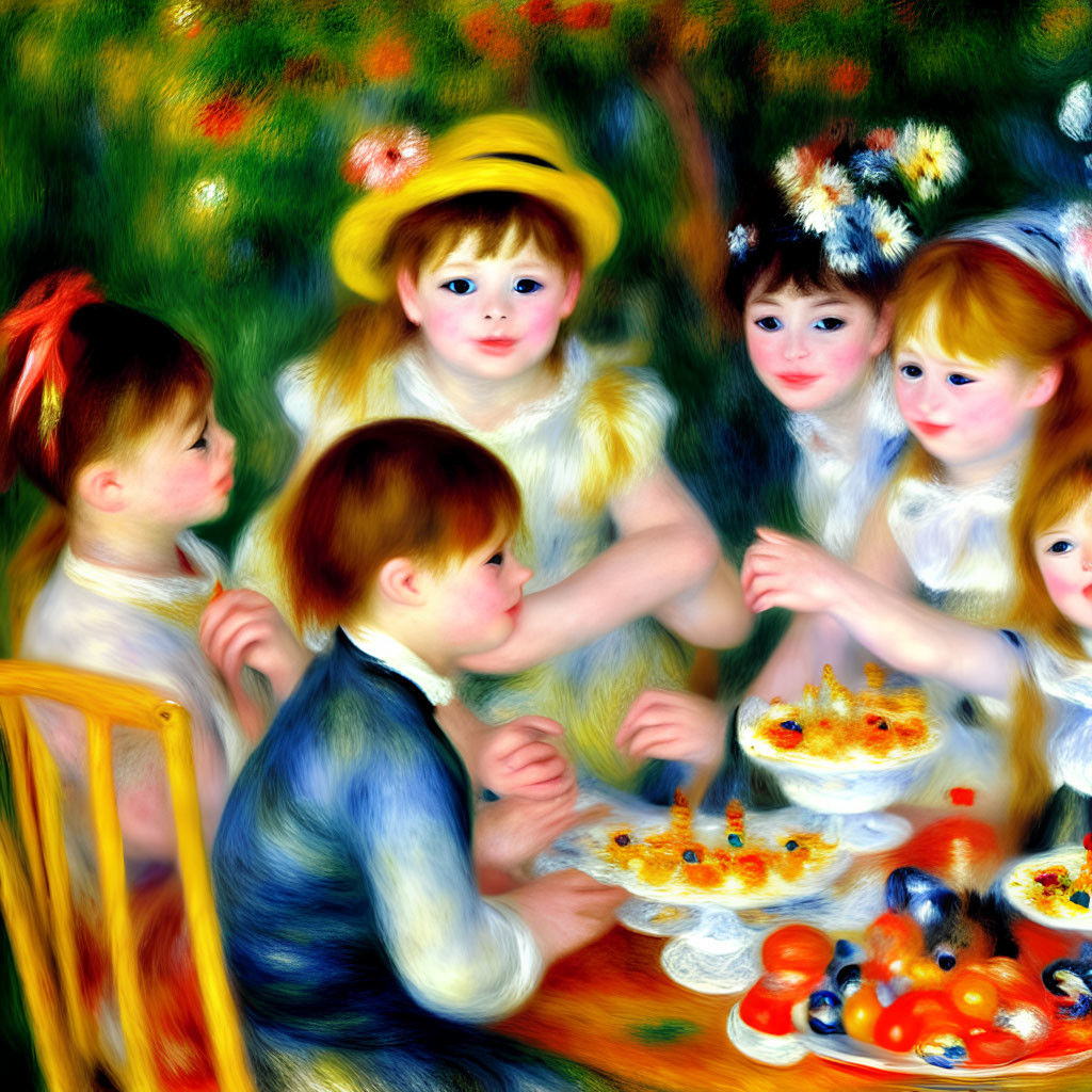 Children at outdoor table with fruit and desserts in impressionist style.