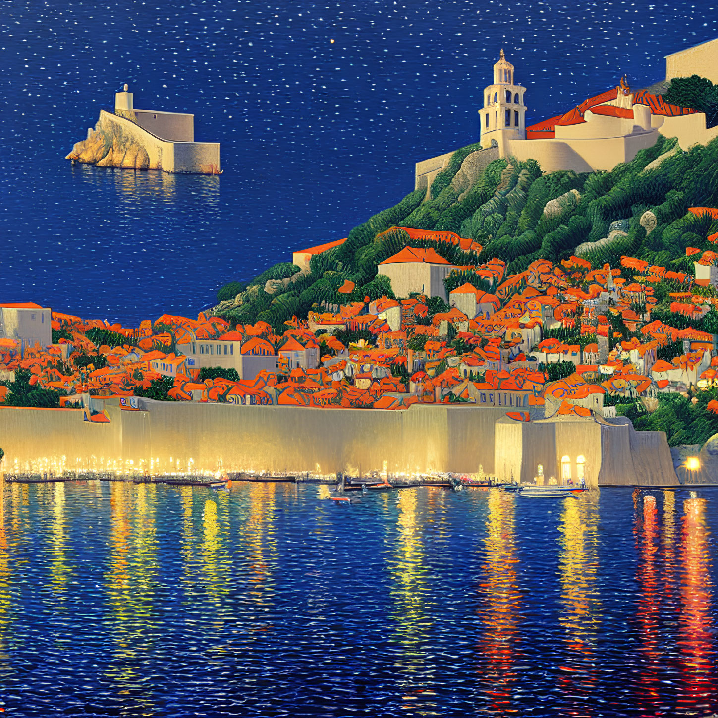 Starry night sky over coastal town with terracotta rooftops