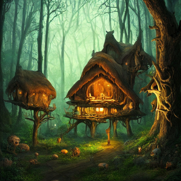 Magical forest with treehouses, glowing lights, and mysterious skulls in green foliage