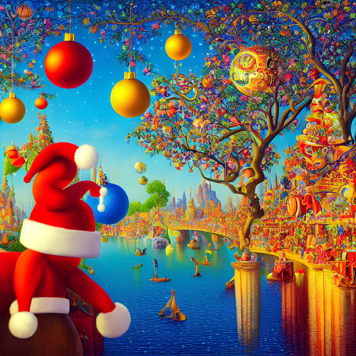 Colorful Santa Figure in Fantasy Landscape with Trees and River