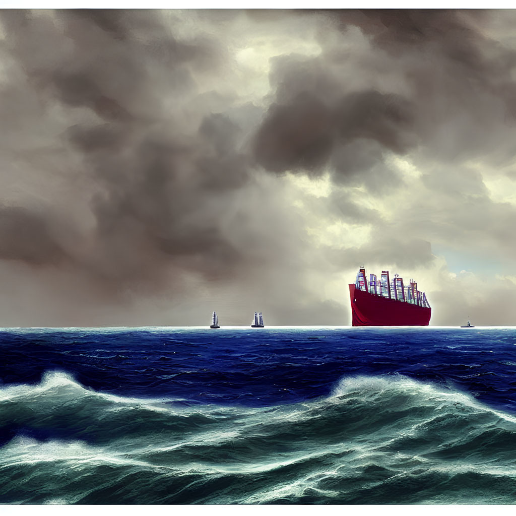 Cargo ship and smaller vessels in turbulent seas under stormy sky