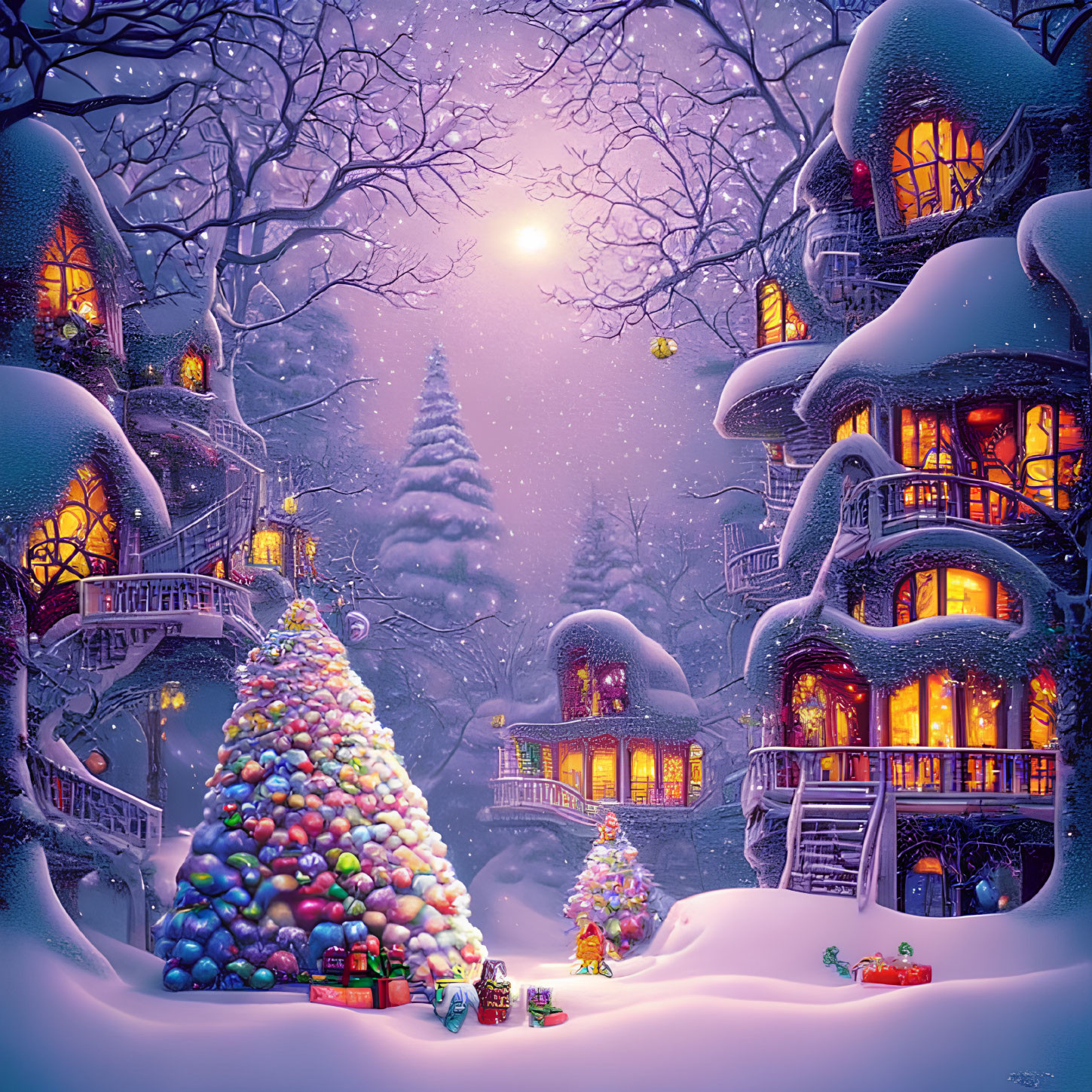 Winter Night Illustration: Cozy Houses, Christmas Tree, Snowfall