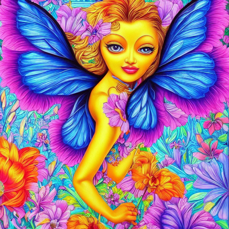 Colorful fairy illustration with blue butterfly wings and flowers.