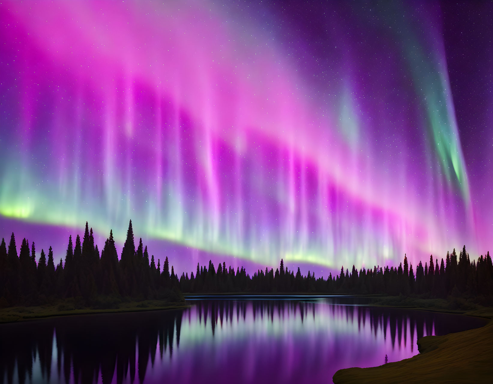 Northern Lights over serene forest-lined lake at night