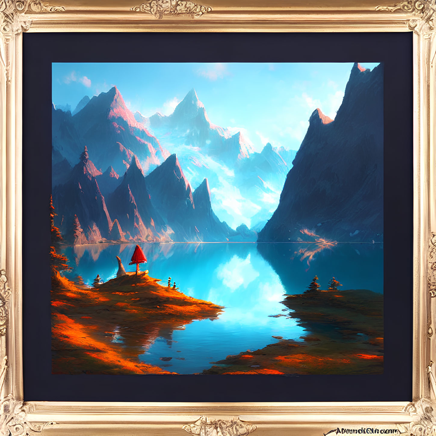 Framed digital painting of serene mountain landscape with reflective lake