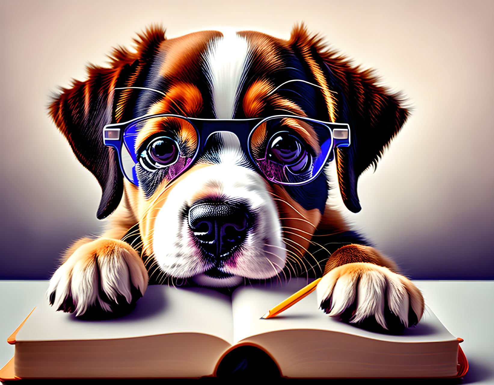 Illustrated puppy with black, white, and brown coat wearing glasses next to an open book and pencil