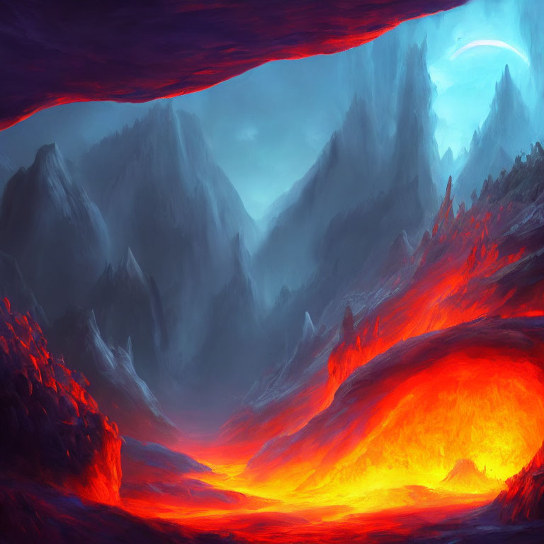 Vivid landscape with fiery lava flows, dark mountains, red and blue twilight sky.