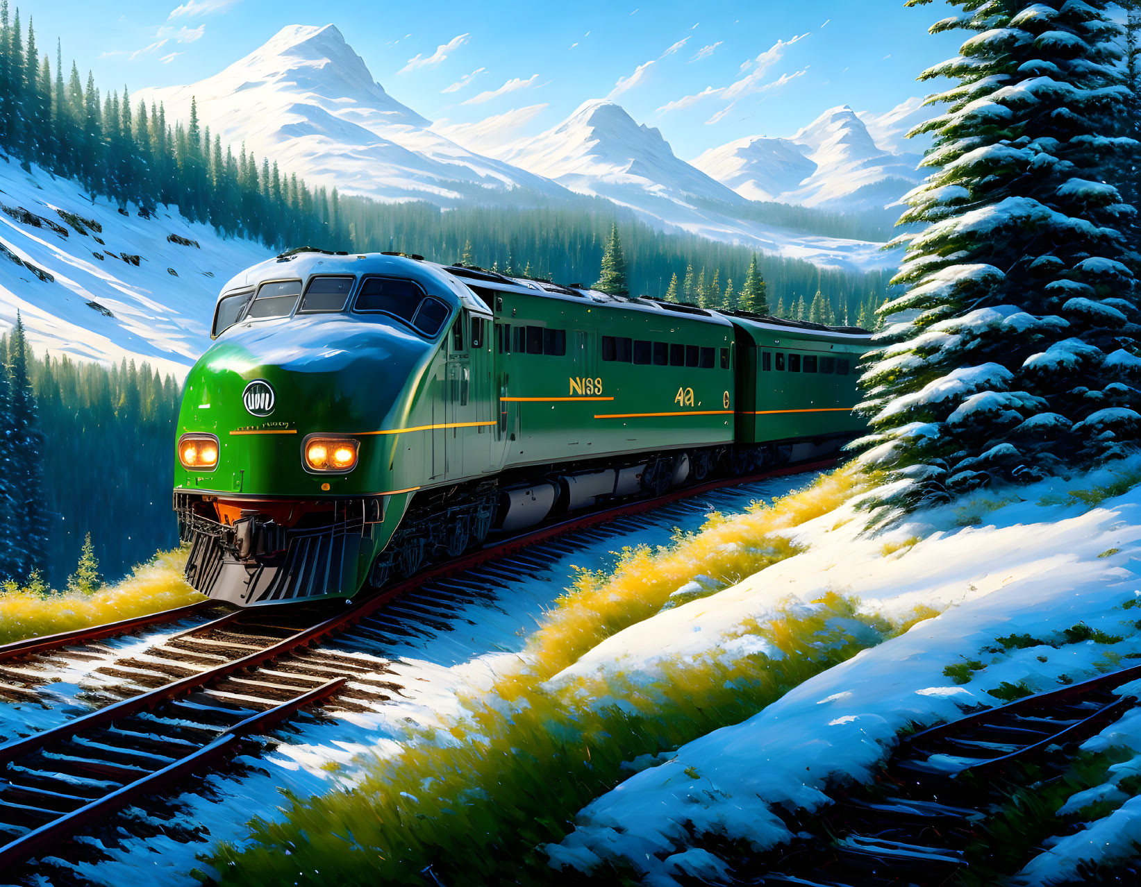 Green Passenger Train in Snowy Mountain Landscape