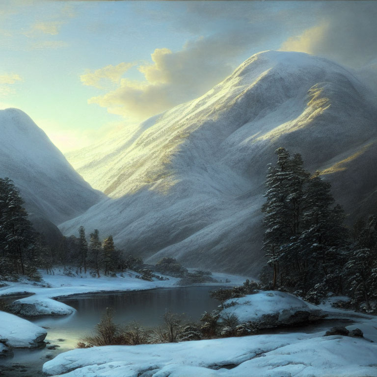 Snowy Mountain Landscape with Lake and Sunlight Glow