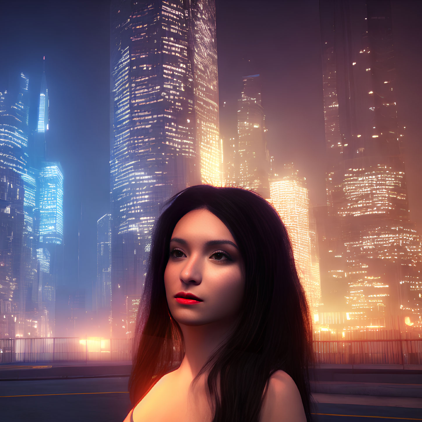 Digital portrait of woman with dark hair in futuristic cityscape at night