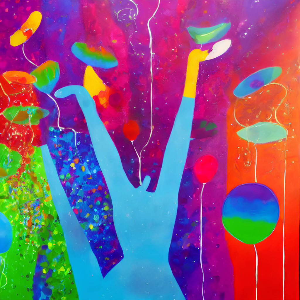 Colorful abstract painting: blue hand silhouette, vibrant splashes, balloon shapes on red gradient.