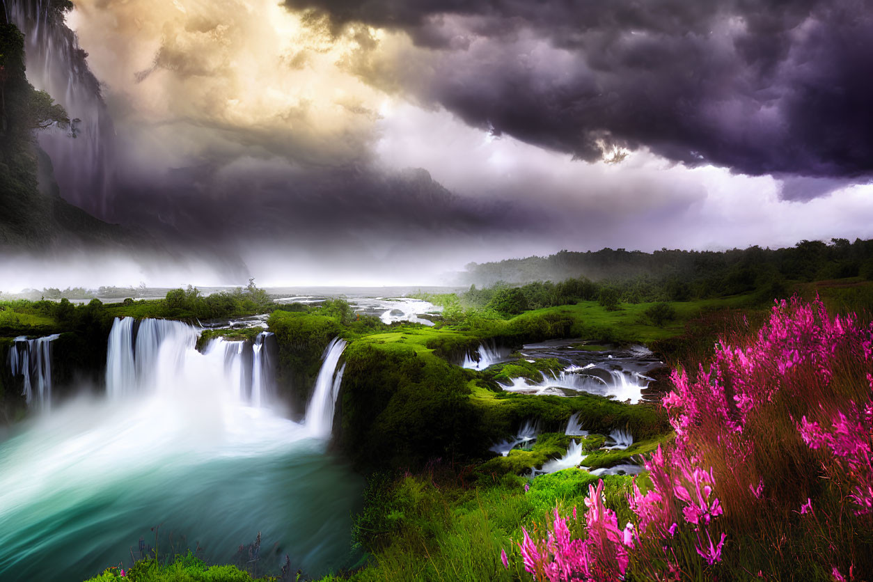 Scenic landscape with waterfall, greenery, flowers, and dramatic sky