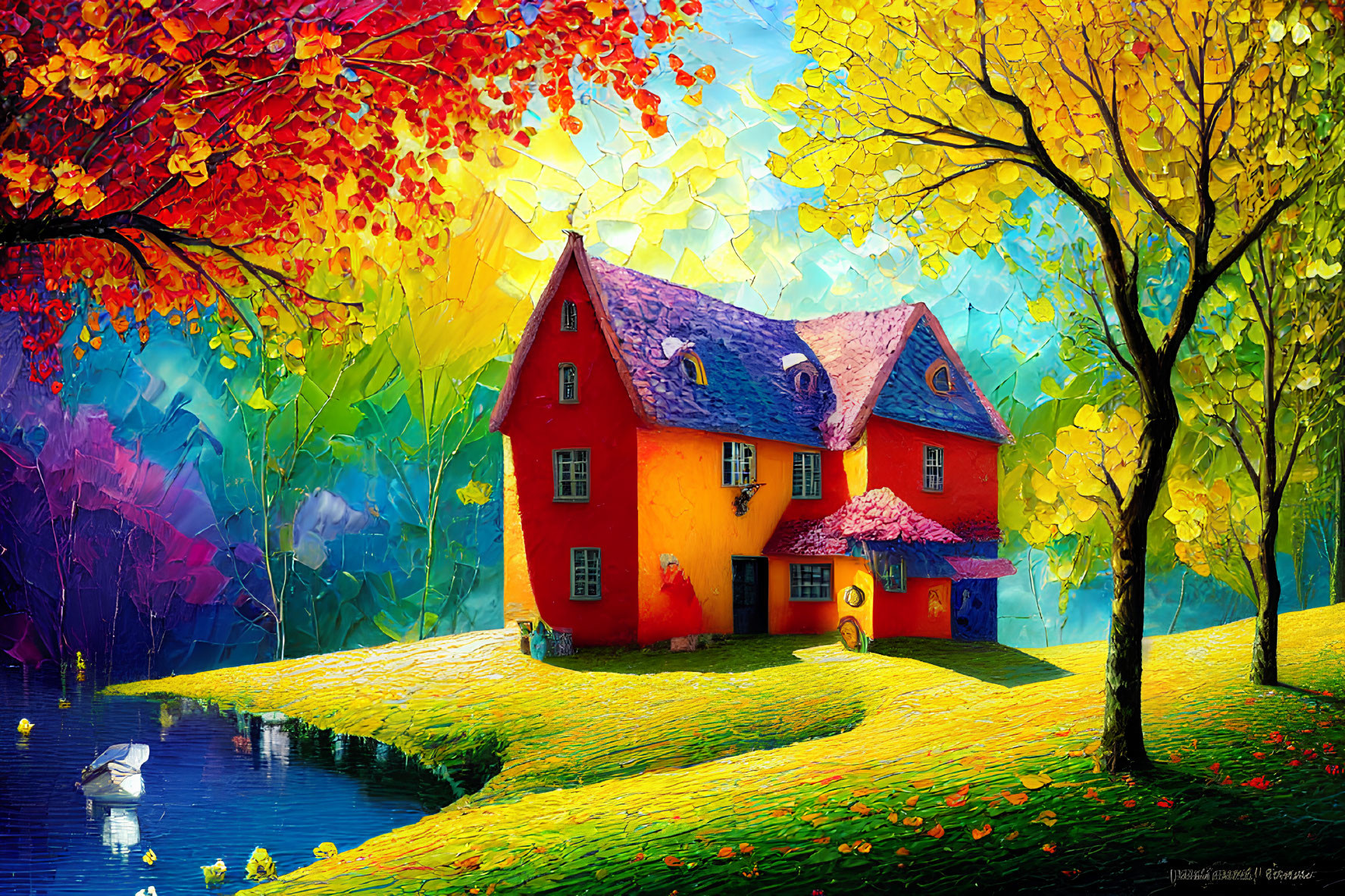 Colorful autumn scene: red house, blue roof, swan, lake & trees