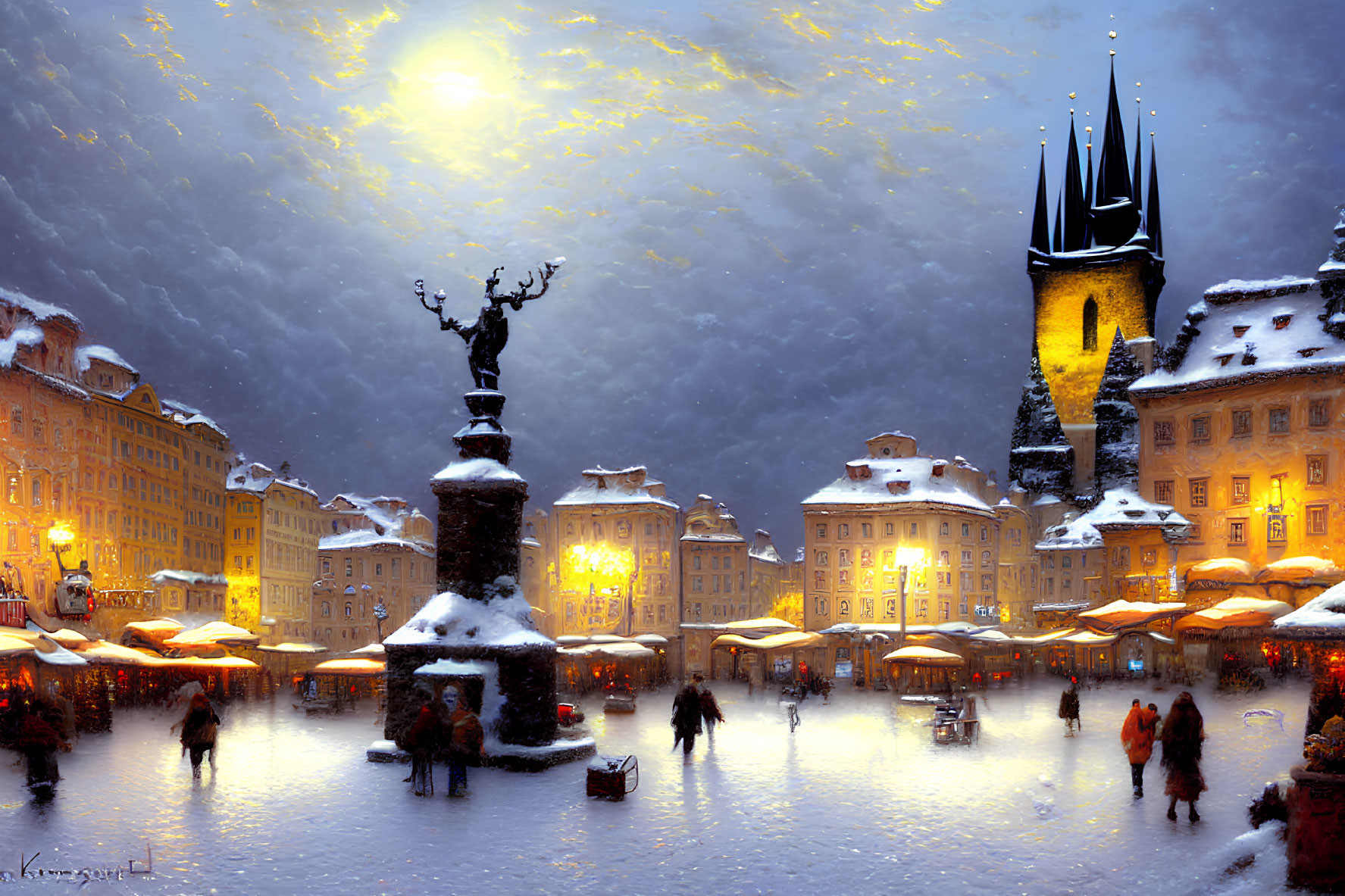 Snowy night scene of old town square with statue and historical buildings