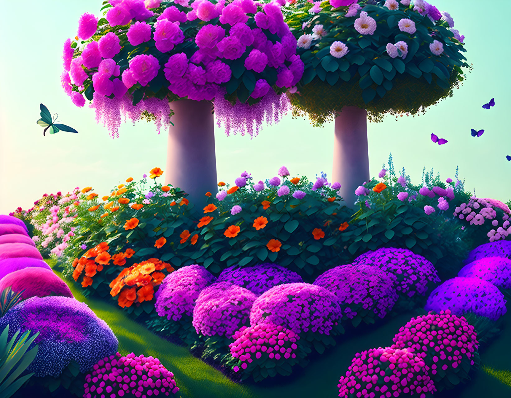 Colorful Fantasy Landscape with Whimsical Trees and Butterflies