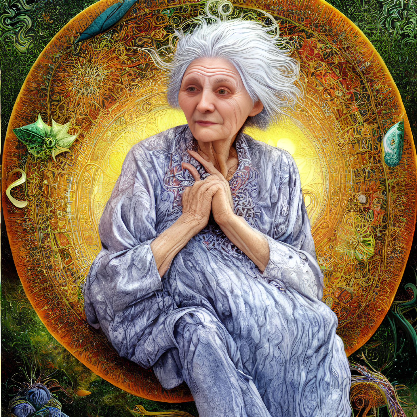 Elderly woman with white hair in vibrant circular mandala