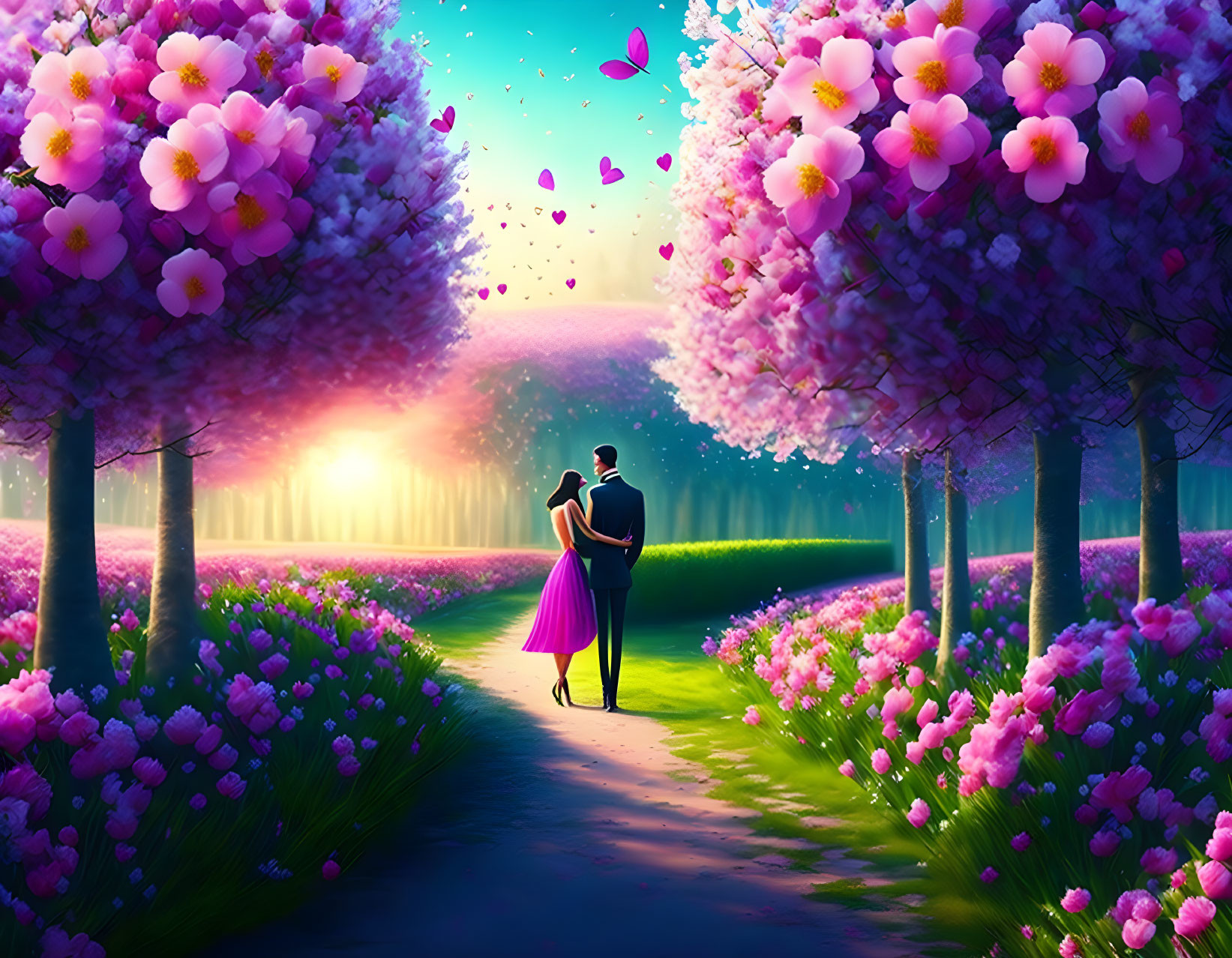 Romantic couple in vibrant garden with pink flowers and butterflies