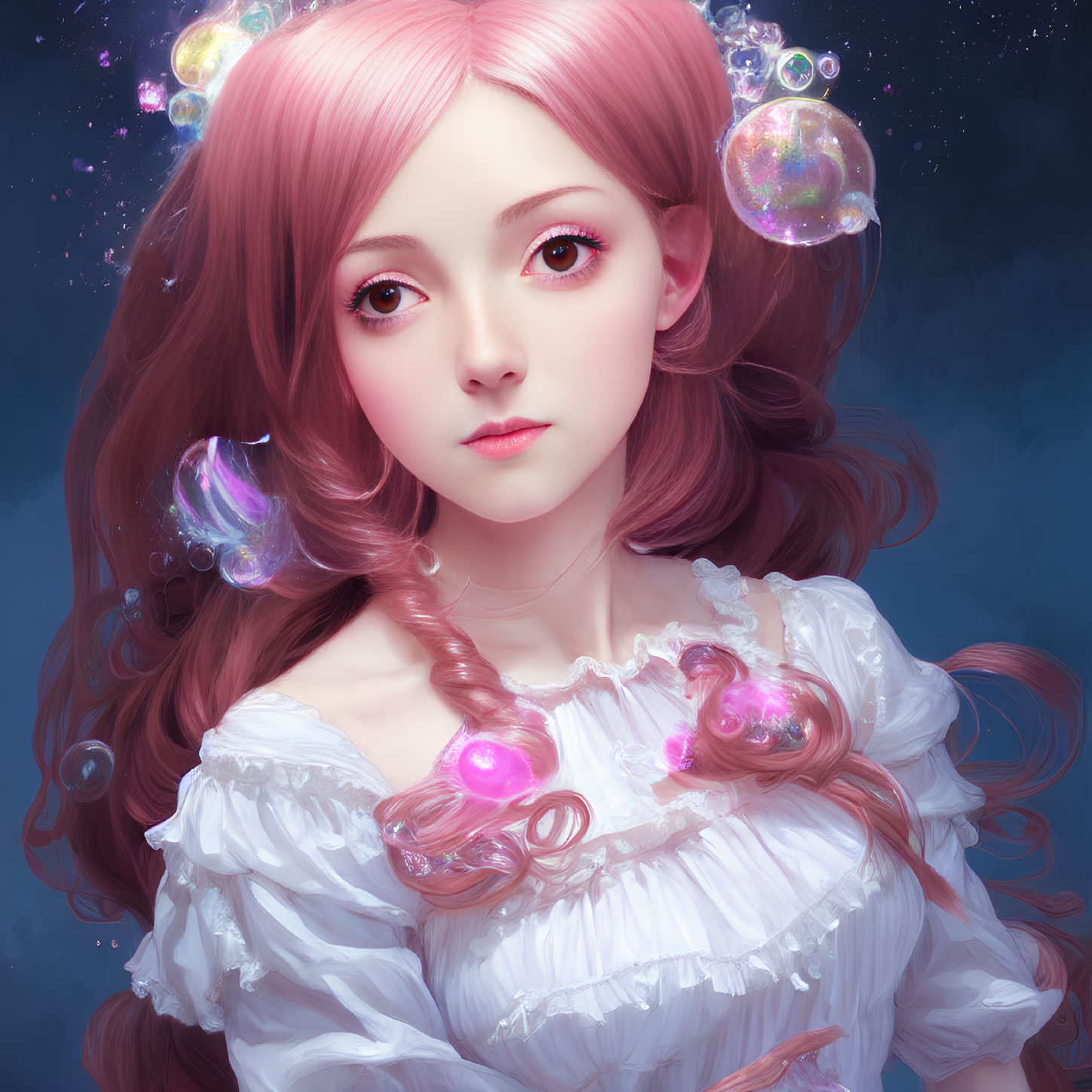 Person with Pink Hair and Glowing Bubbles in Fantasy Anime Style