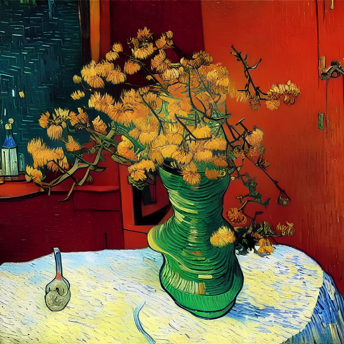 Colorful painting of yellow flowers in green vase on blue table with glass flask, set against red and