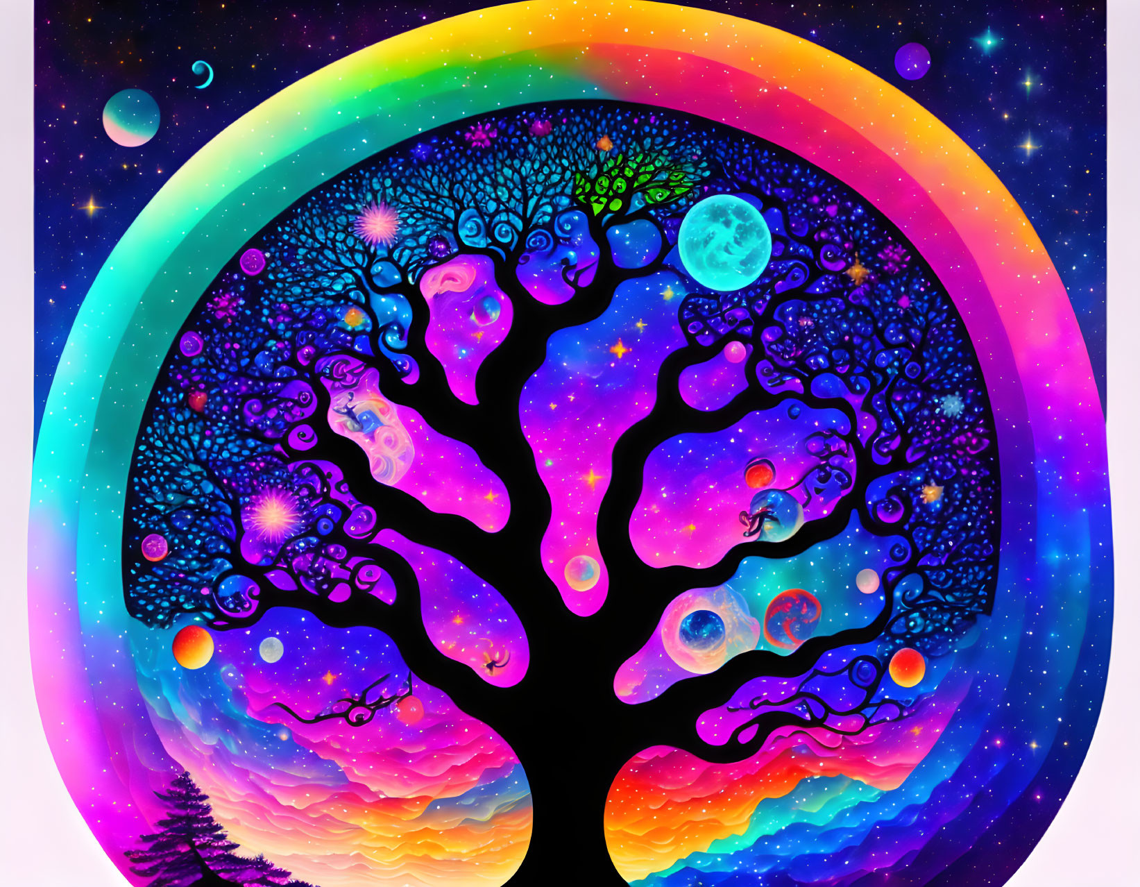 Colorful digital art: Vibrant tree with psychedelic patterns in cosmic setting