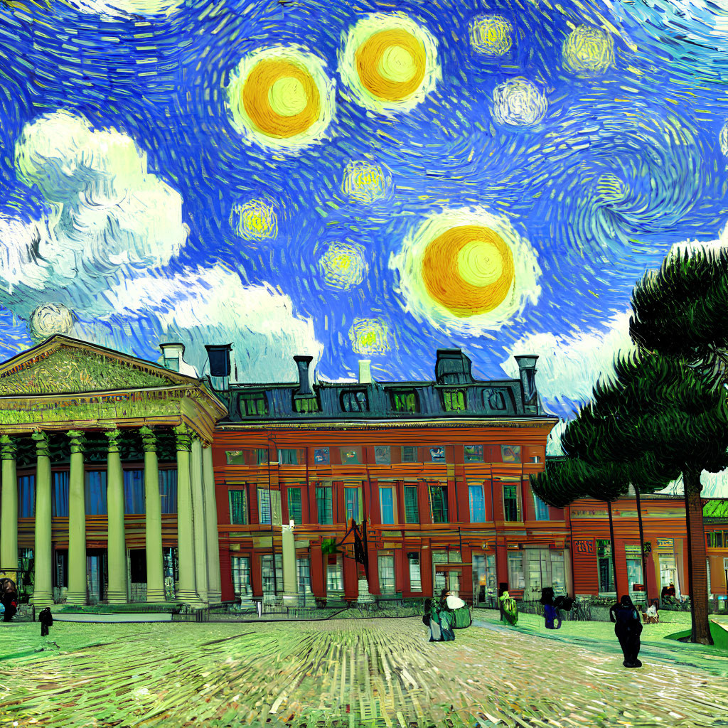 Stylized image of classic building with pillars under Van Gogh-inspired starry sky