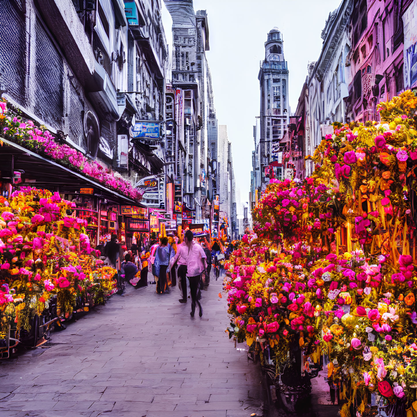 Vibrant Pink and Yellow Flowers on Bustling Street