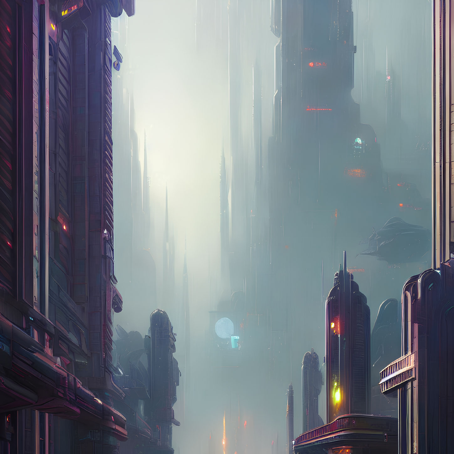 Futuristic cityscape: towering skyscrapers, neon signs, soft sunlight.