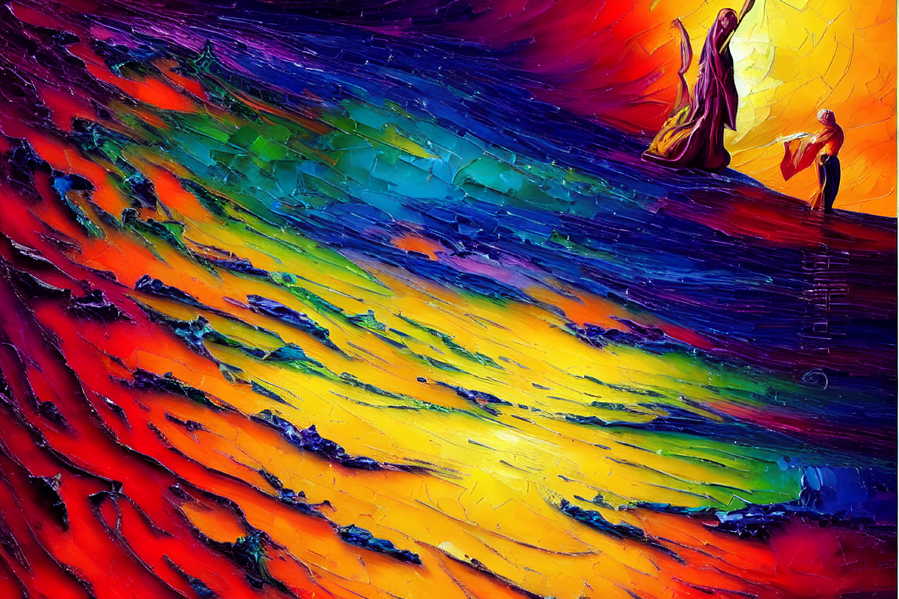 Colorful abstract painting featuring humanoid figures in vibrant waves of red, yellow, blue, and purple.