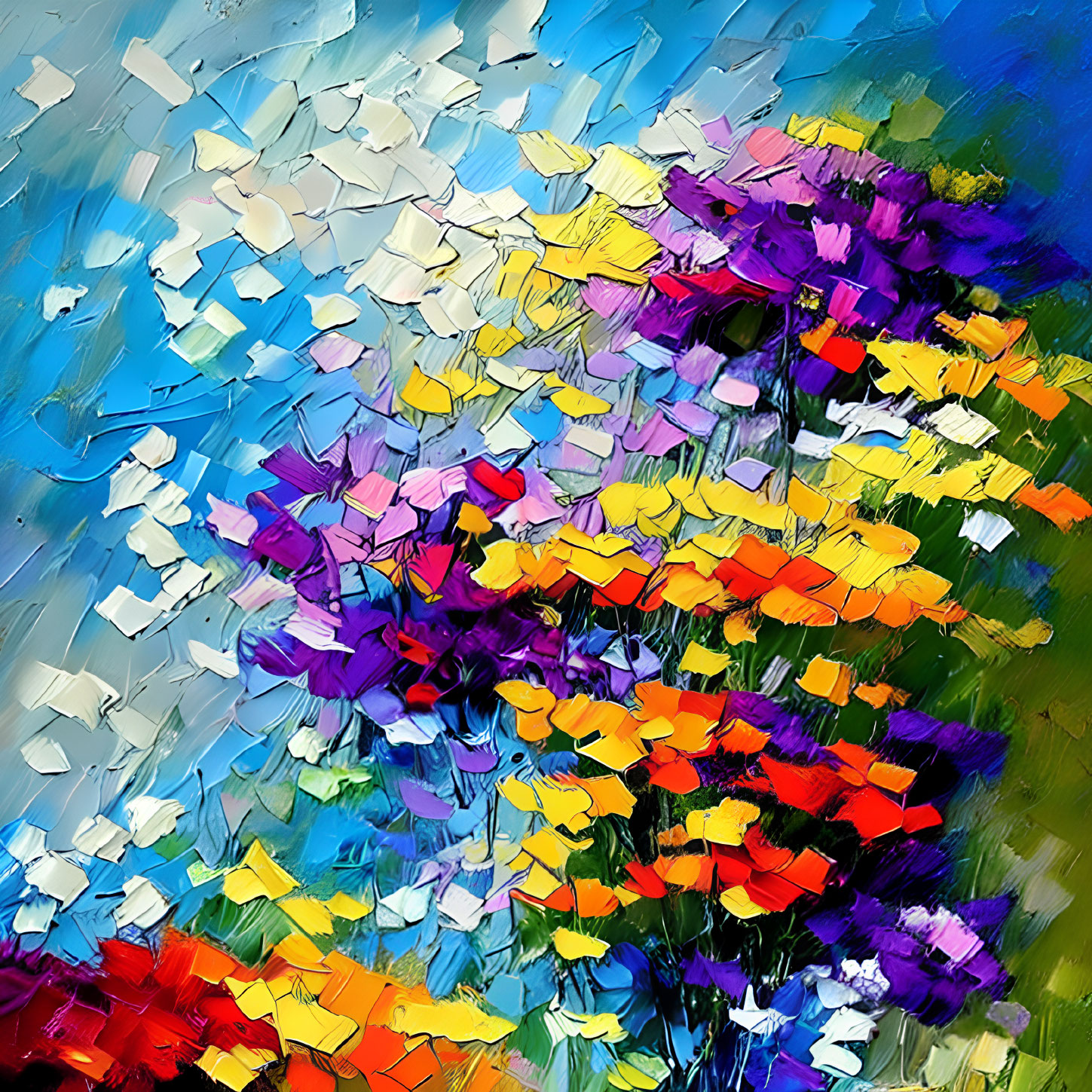 Colorful Abstract Flower Field Oil Painting on Bright Blue Sky Background