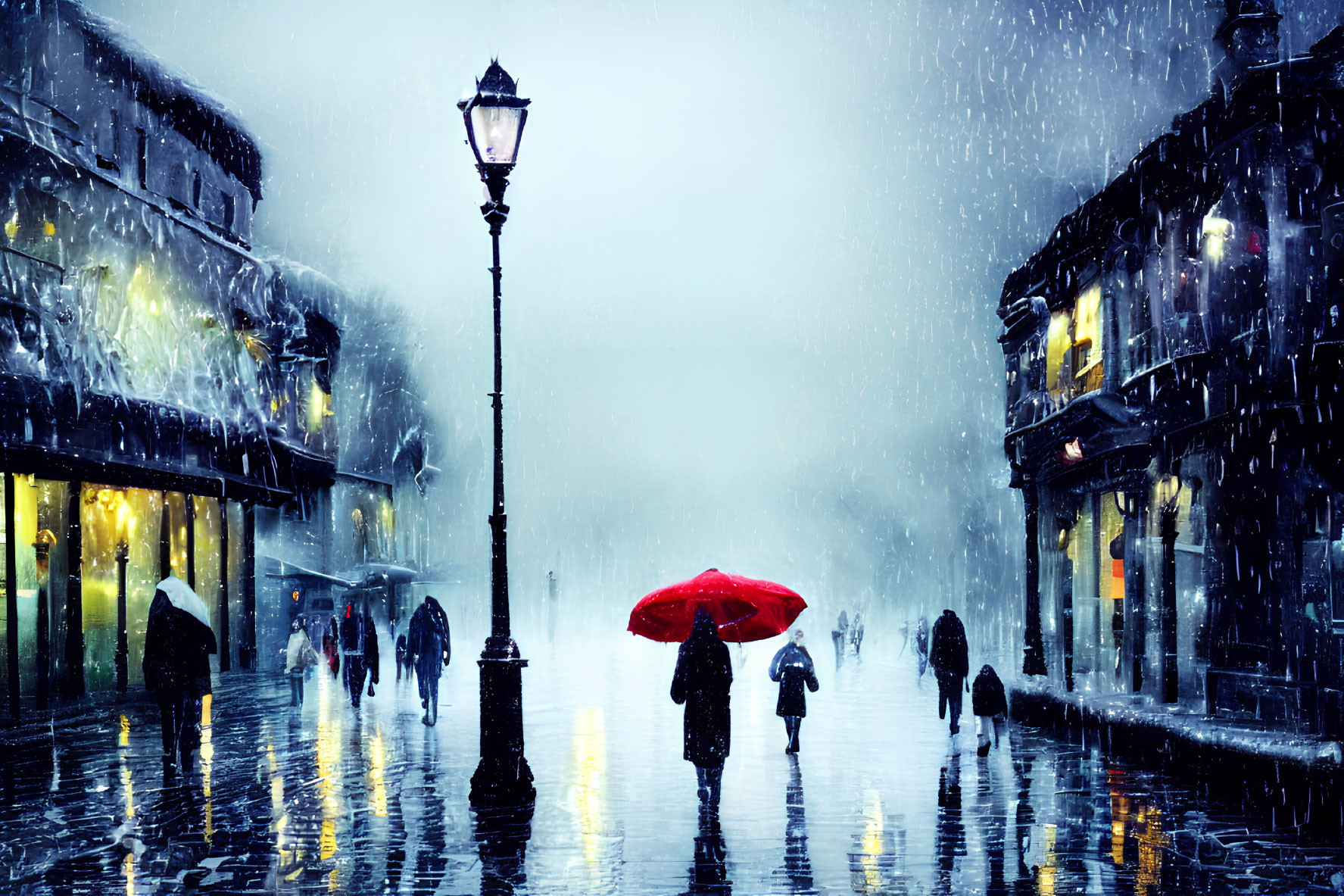 Person with Red Umbrella Walking on Rainy Cobblestone Street in Snowy City