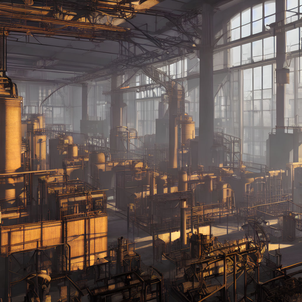 Steel structures, tanks, and pipelines in industrial interior with sunlight and shadows