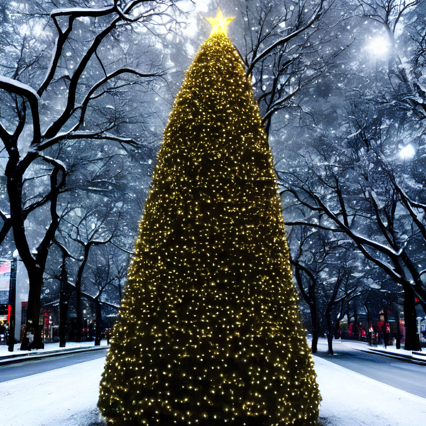 Illuminated Christmas tree on snowy street at night