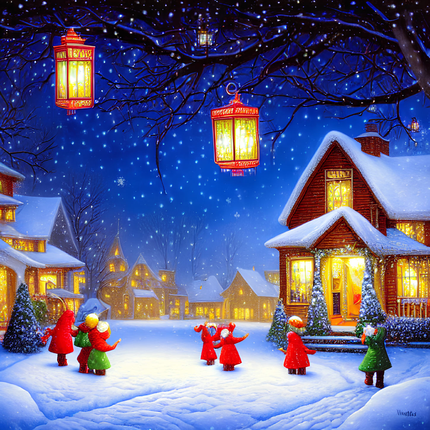 Children playing in snow near glowing houses and lanterns in winter scene.