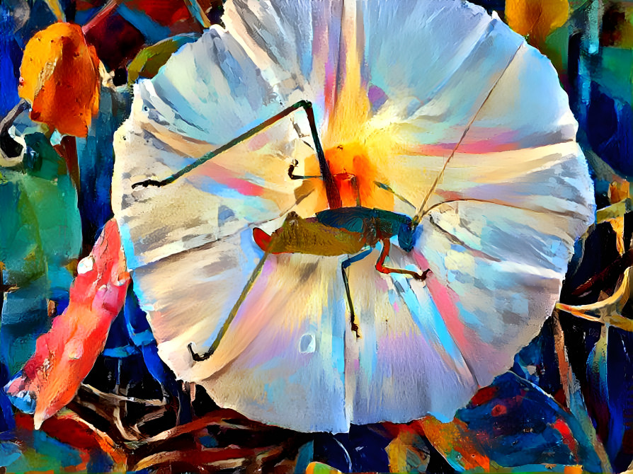 a grasshopper sleeping on morning glory 19