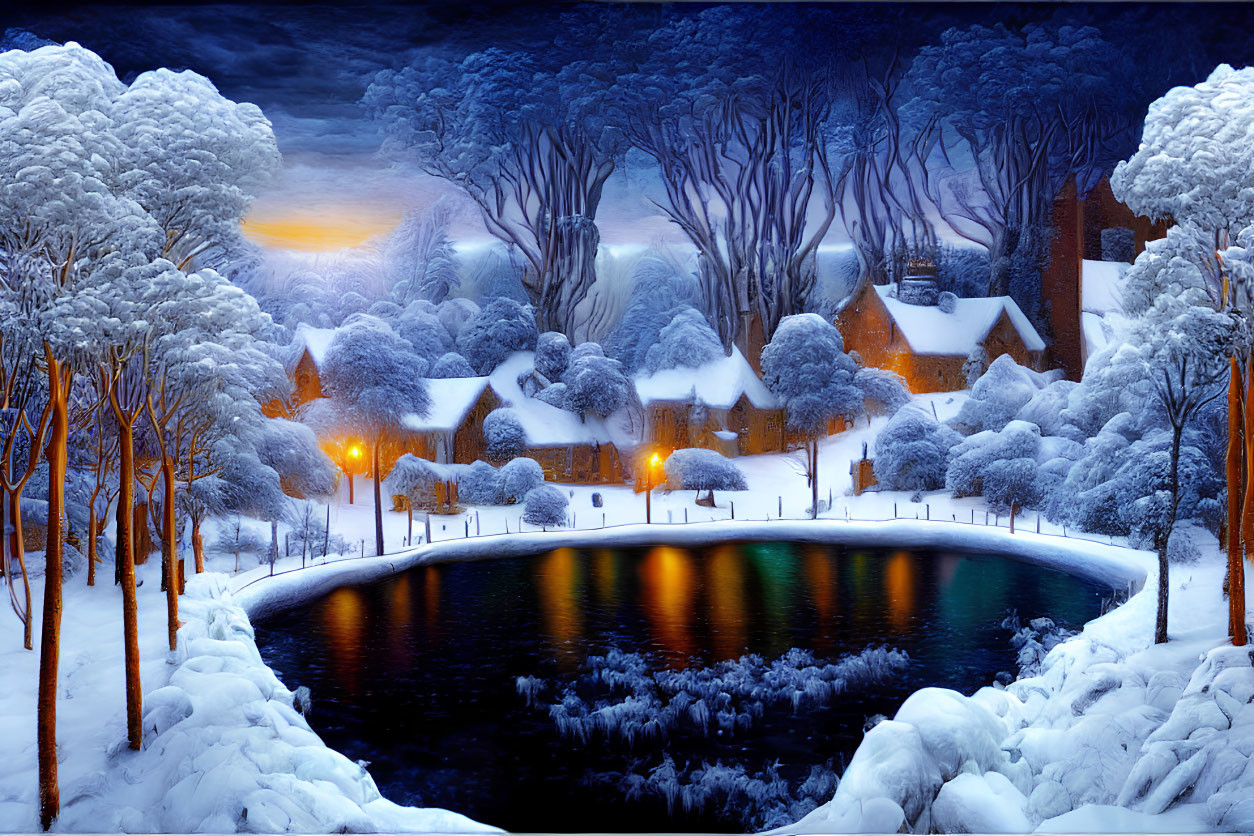 Snow-covered cottages by pond in serene winter twilight