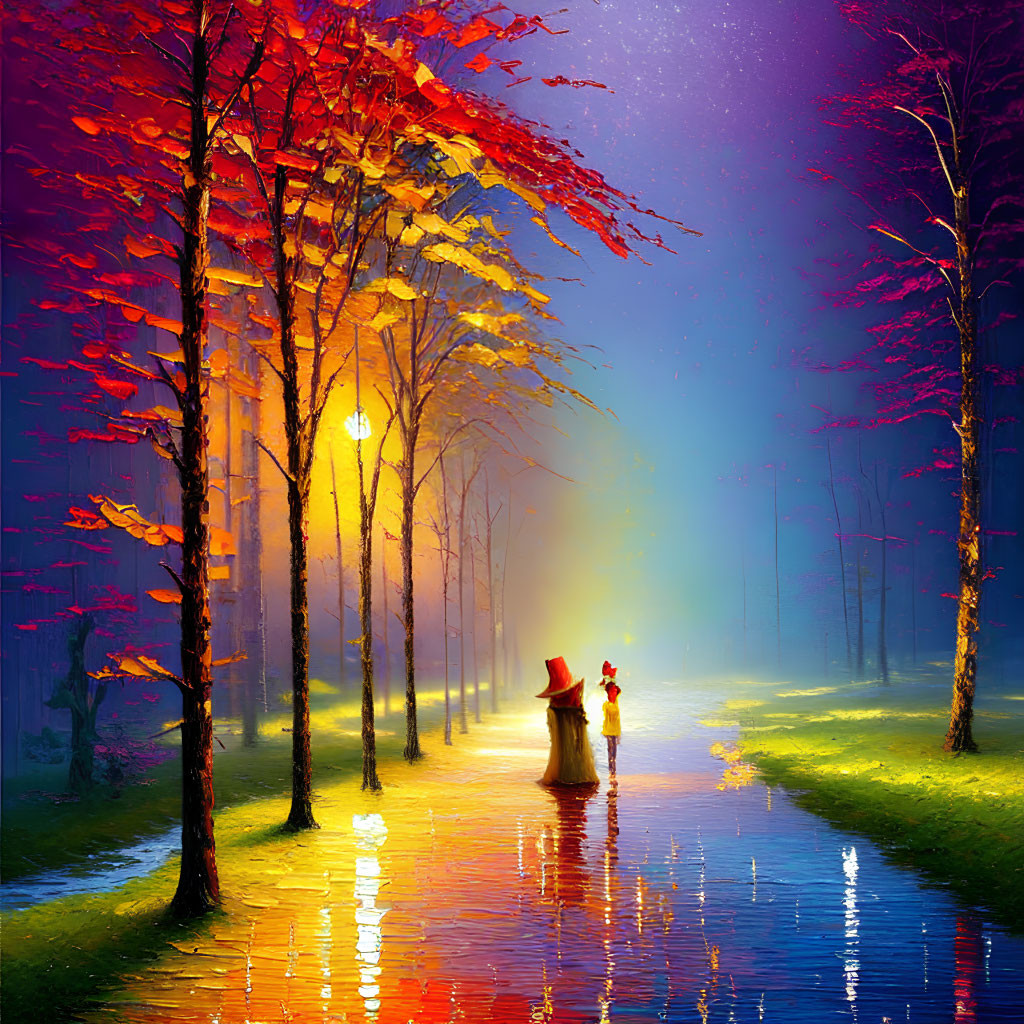 Vibrant painting of figures walking on rain-soaked path under twilight sky