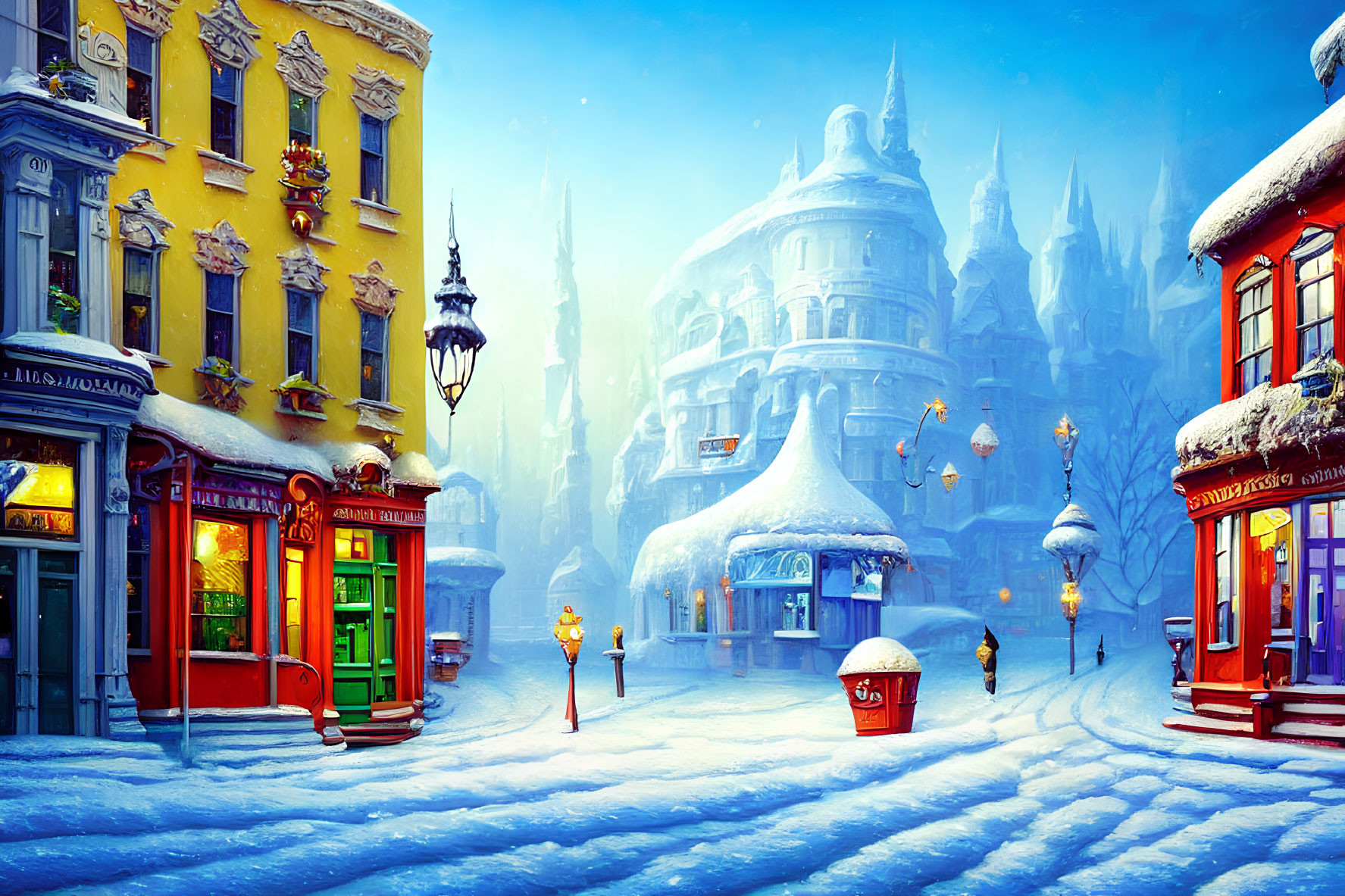 Snowy cobblestone street with colorful buildings and street lamps in a quiet winter setting