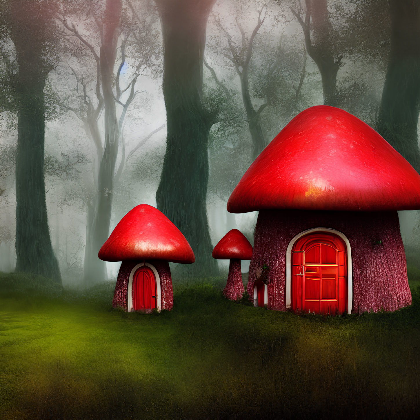 Foggy forest scene with vibrant red mushroom houses