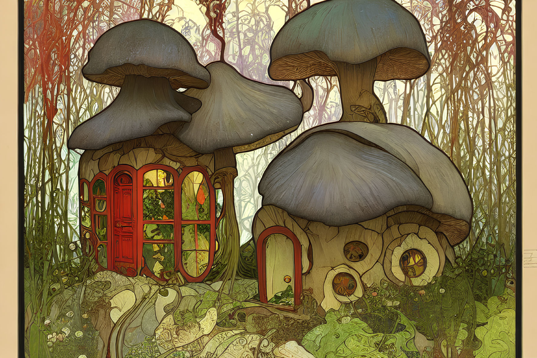 Fantasy scene: Two mushroom houses in colorful forest